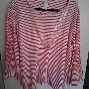 Alfred Dunner Pink&Orange Striped Top with  Embroided sleeve&necklace